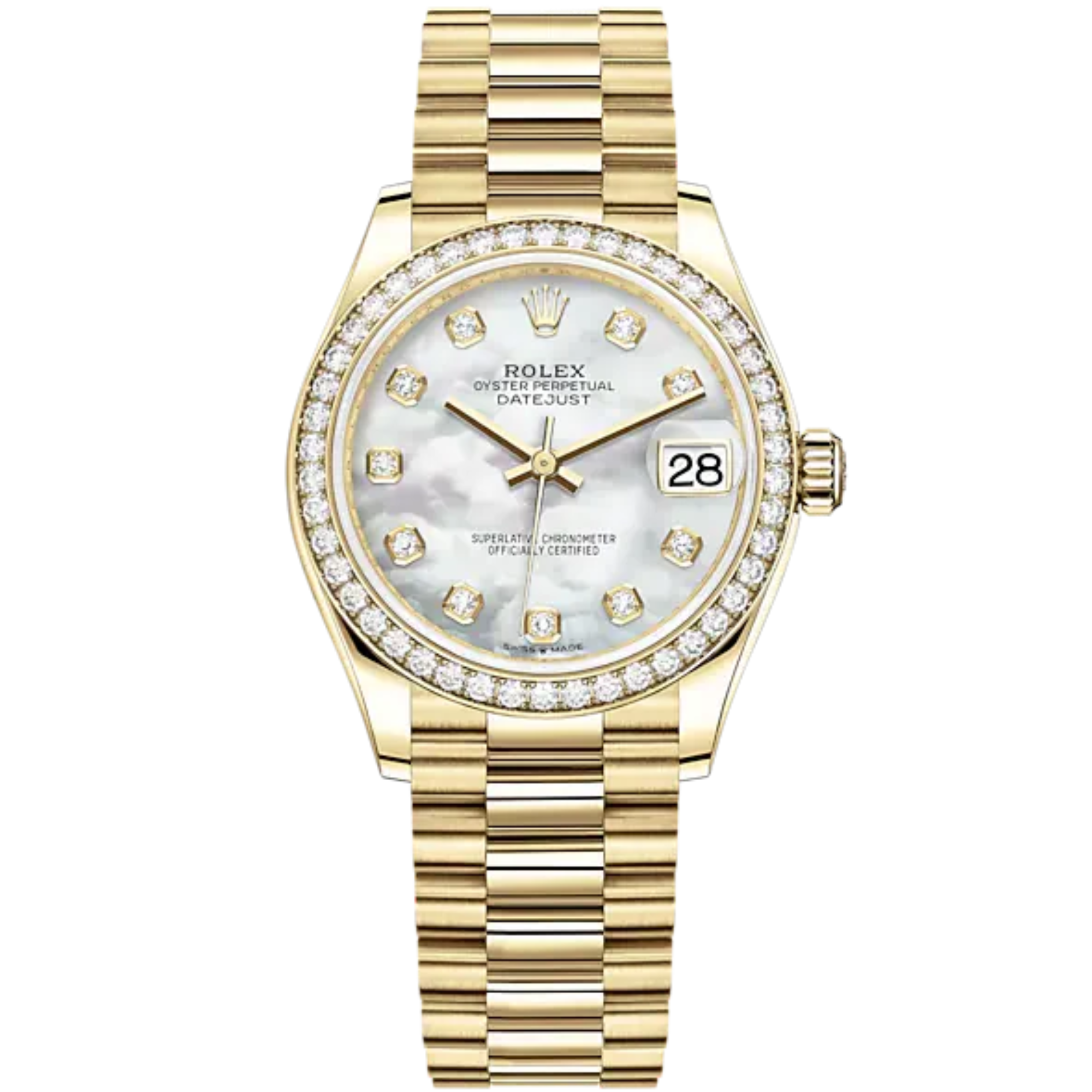 Datejust 31 31mm President Bracelet and 18 CT Yellow Gold with White Mother-Of-Pearl Dial Diamond-Set Bezel - Rolex