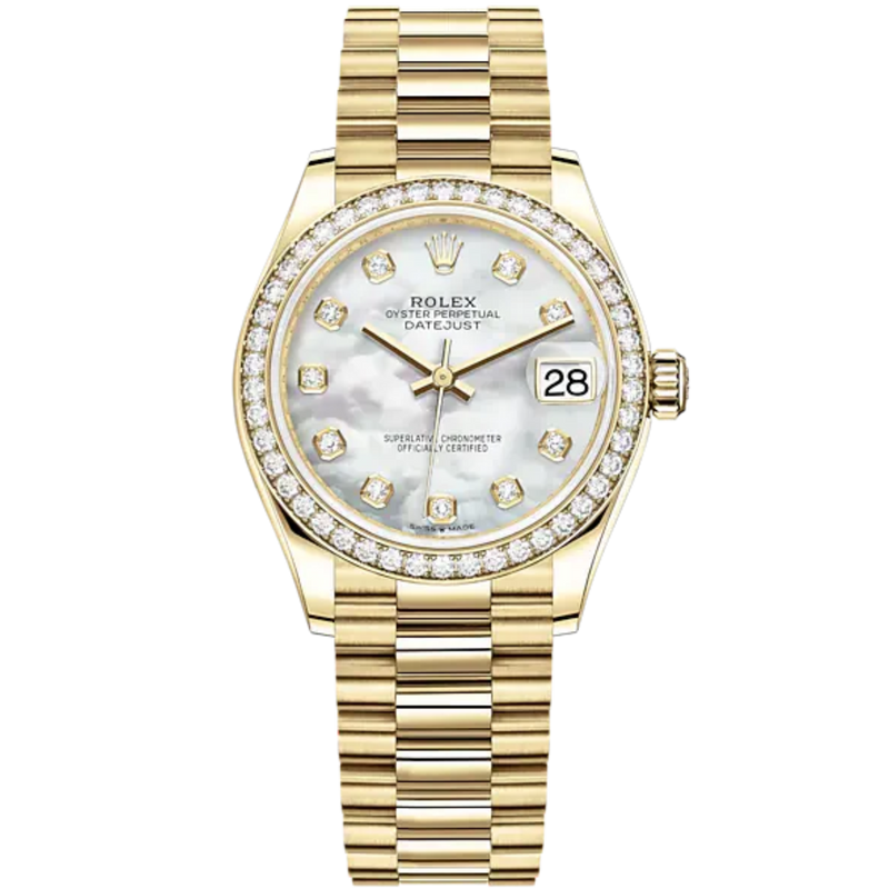 Datejust 31 31mm President Bracelet and 18 CT Yellow Gold with White Mother-Of-Pearl Dial Diamond-Set Bezel - Rolex