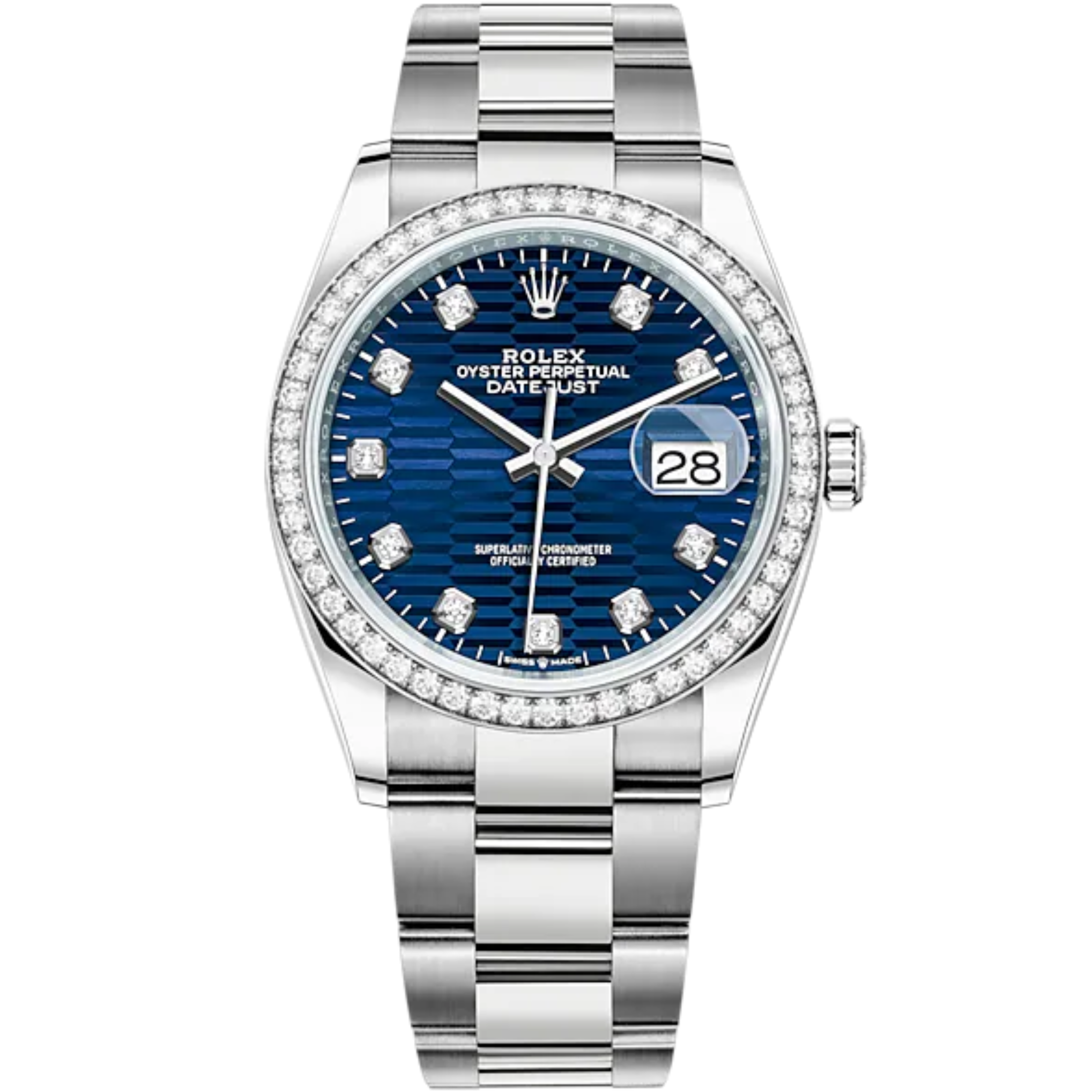 Datejust 36 36mm Oystersteel and White Gold Oyster Bracelet  Bright Blue Fluted-Motif Diamond-set Dial Diamond-set Bezel - Rolex