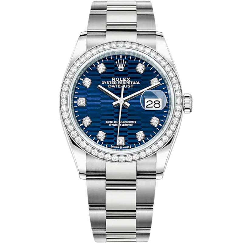 Datejust 36 36mm Oystersteel and White Gold Oyster Bracelet  Bright Blue Fluted-Motif Diamond-set Dial Diamond-set Bezel - Rolex