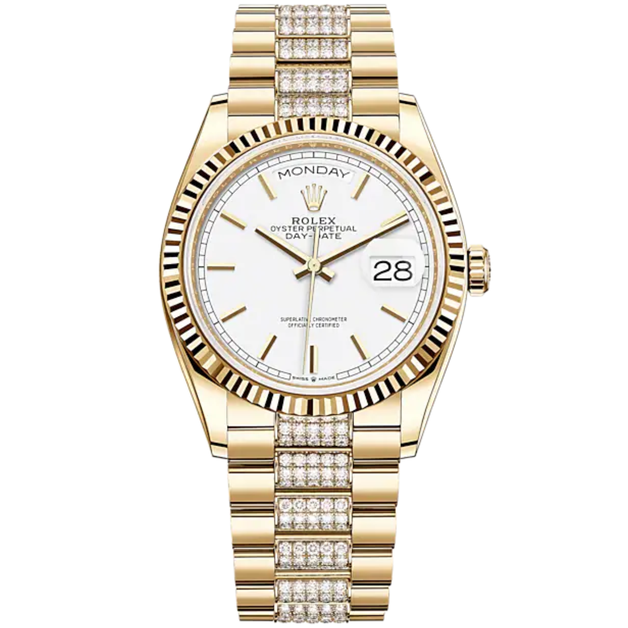 Day-Date 36 36mm Diamond-Set President Bracelet and 18 KT Yellow Gold with White Dial Fluted Bezel - Rolex