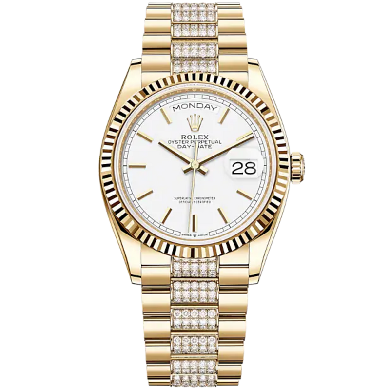 Day-Date 36 36mm Diamond-Set President Bracelet and 18 KT Yellow Gold with White Dial Fluted Bezel - Rolex