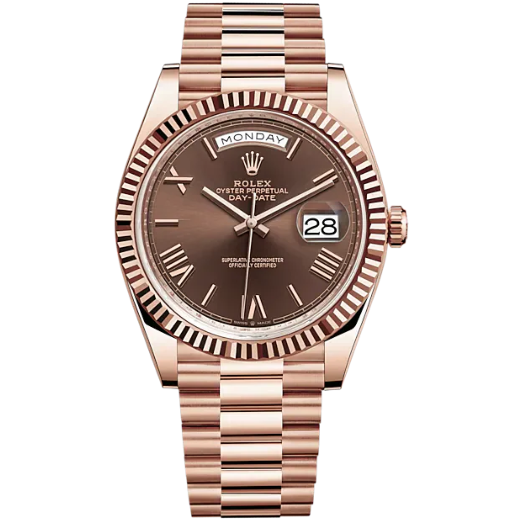 Rolex Day-Date Ref. 228235 40mm Everose Gold with Chocolate Roman Dial Fluted Bezel - Rolex