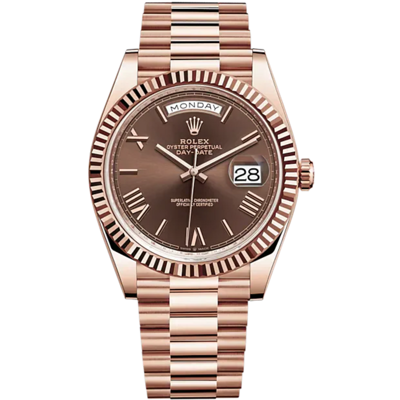 Rolex Day-Date Ref. 228235 40mm Everose Gold with Chocolate Roman Dial Fluted Bezel - Rolex