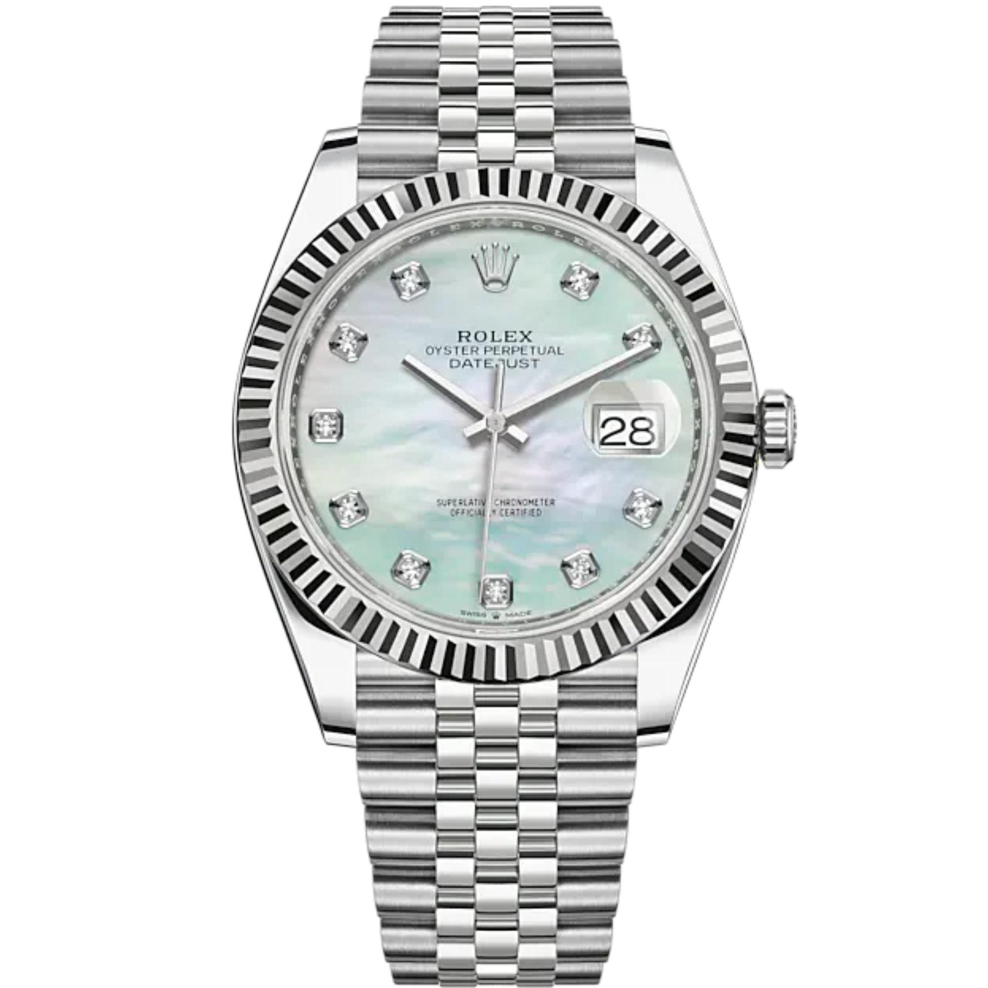 Datejust 41 41mm Jubilee Bracelet and White Gold with White Mother-Of-Pearl Diamond-Set Dial Fluted Bezel - Rolex