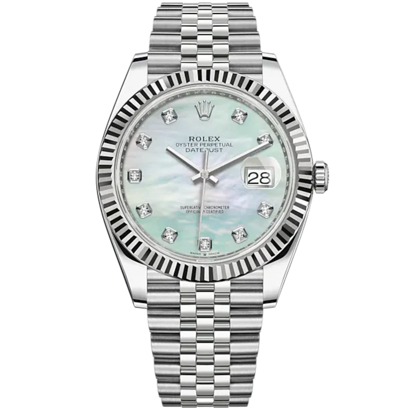 Datejust 41 41mm Jubilee Bracelet and White Gold with White Mother-Of-Pearl Diamond-Set Dial Fluted Bezel - Rolex