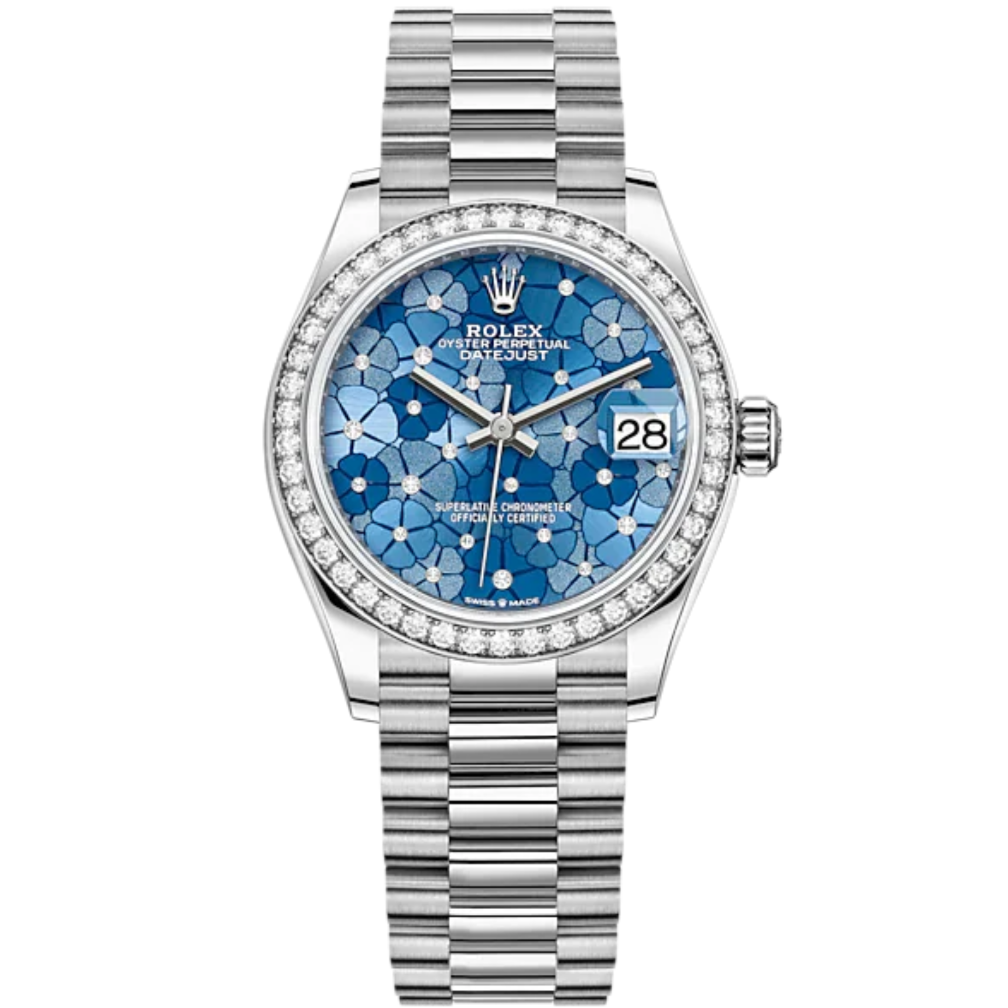 Datejust 31 31mm President Bracelet Oystersteel and White Gold with Azzurro-Blue Floral-Motif Diamond-Set Bezel - Rolex