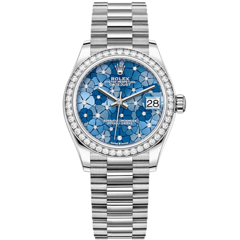 Datejust 31 31mm President Bracelet Oystersteel and White Gold with Azzurro-Blue Floral-Motif Diamond-Set Bezel - Rolex
