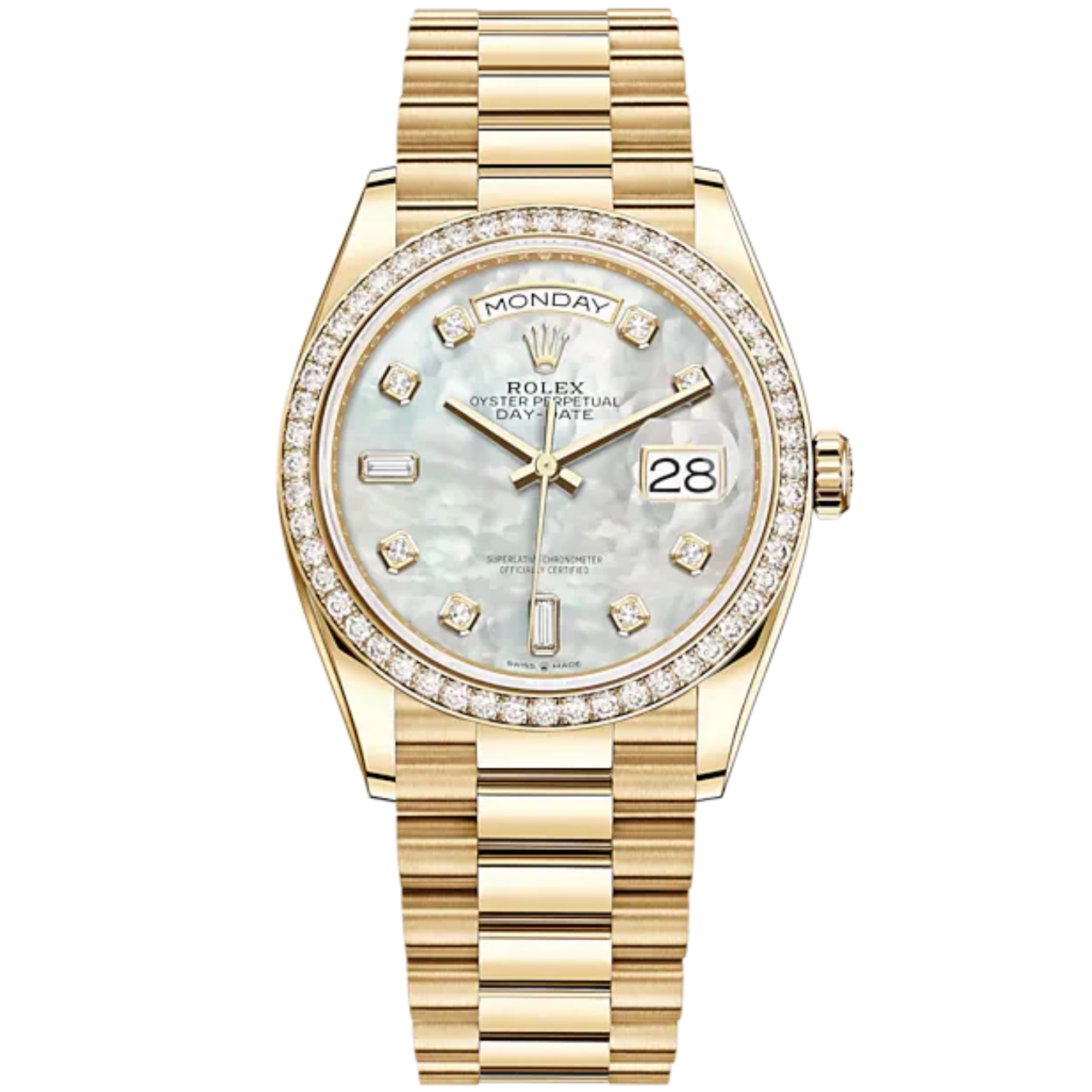 Day-Date 36 36mm President Bracelet and 18 KT Yellow Gold with White Mother-of-Pearl Diamond-Set Dial Diamond-Set Bezel - Rolex