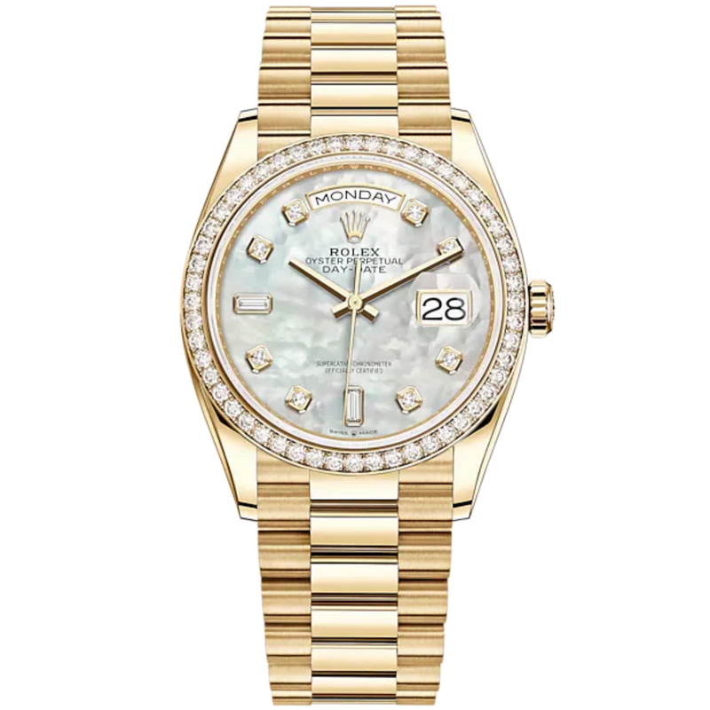Day-Date 36 36mm President Bracelet and 18 KT Yellow Gold with White Mother-of-Pearl Diamond-Set Dial Diamond-Set Bezel - Rolex
