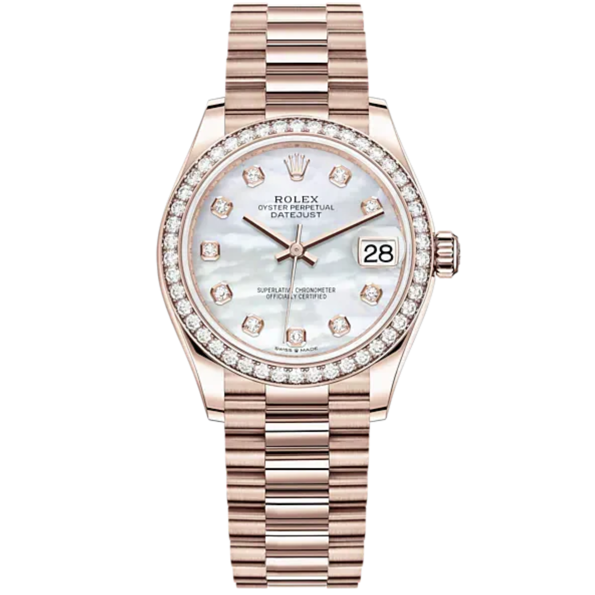Datejust 31 31mm President Bracelet and 18 CT Everose Gold with White Mother-Of-Pearl Dial Diamond-Set Bezel - Rolex