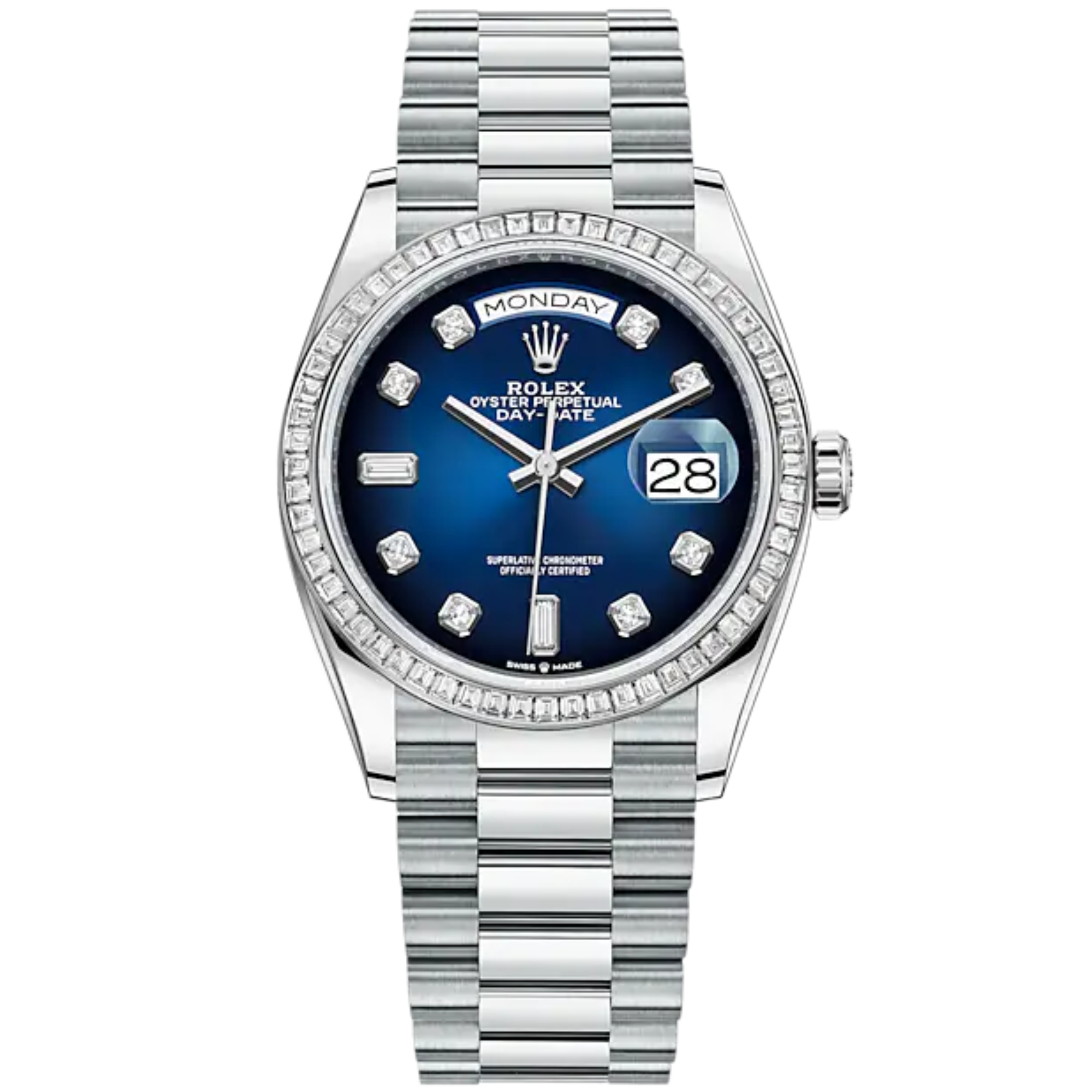 Day-Date 36 36mm President Bracelet and 18 KT White Gold with Blue Ombré Dial Diamond-Set Dial Diamond-Set Bezel - Rolex