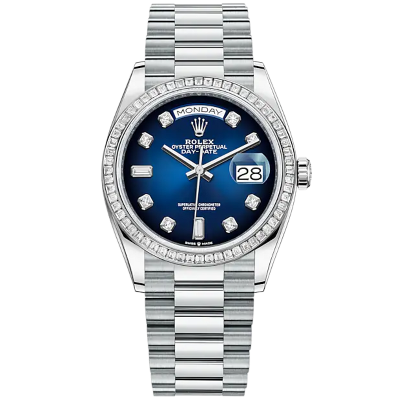 Day-Date 36 36mm President Bracelet and 18 KT White Gold with Blue Ombré Dial Diamond-Set Dial Diamond-Set Bezel - Rolex
