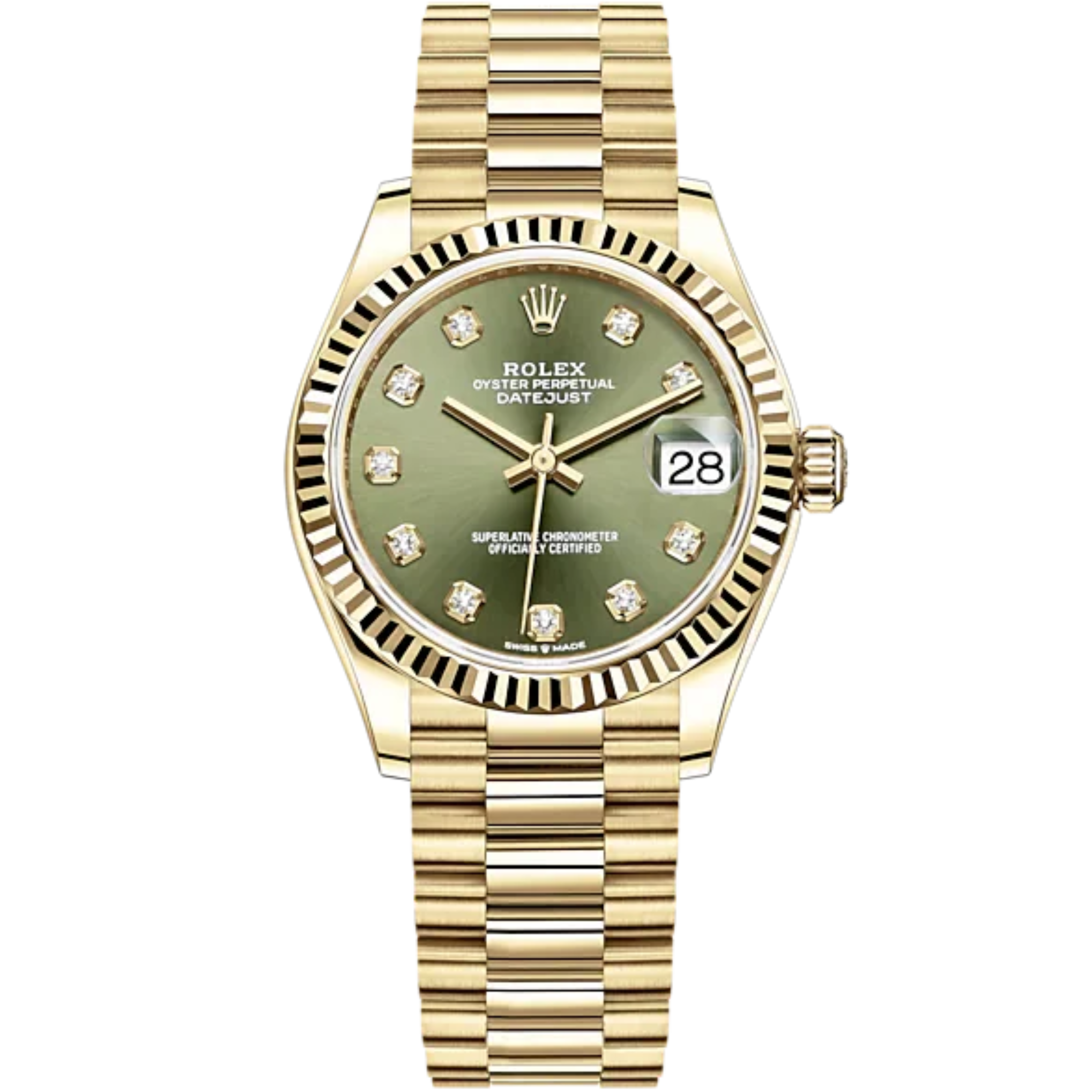 Datejust 31 31mm President Bracelet and 18 CT Yellow Gold with Olive-Green Diamond-Set Dial Fluted Bezel - Rolex