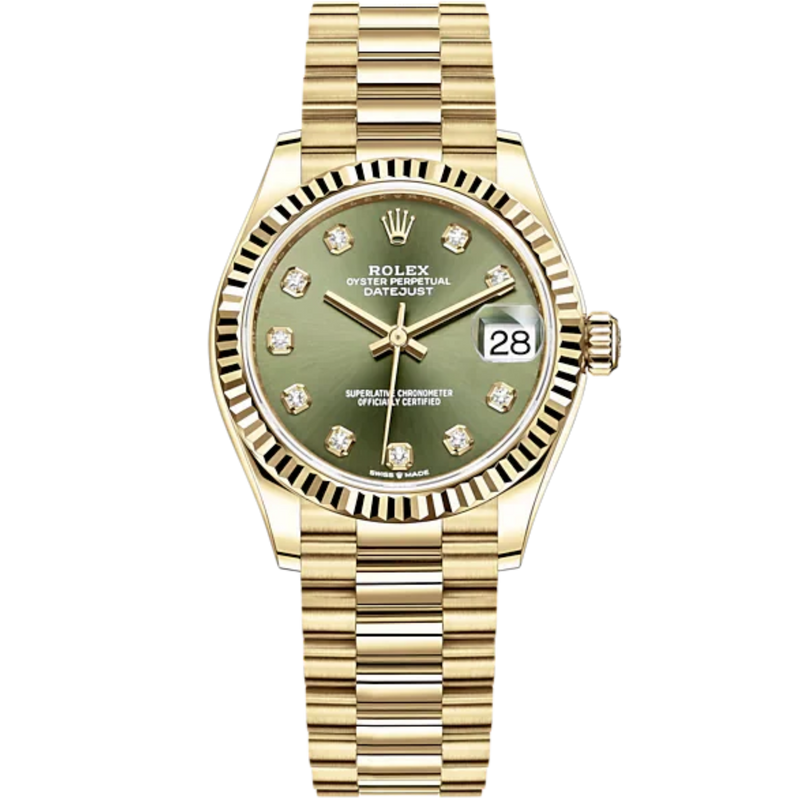 Datejust 31 31mm President Bracelet and 18 CT Yellow Gold with Olive-Green Diamond-Set Dial Fluted Bezel - Rolex