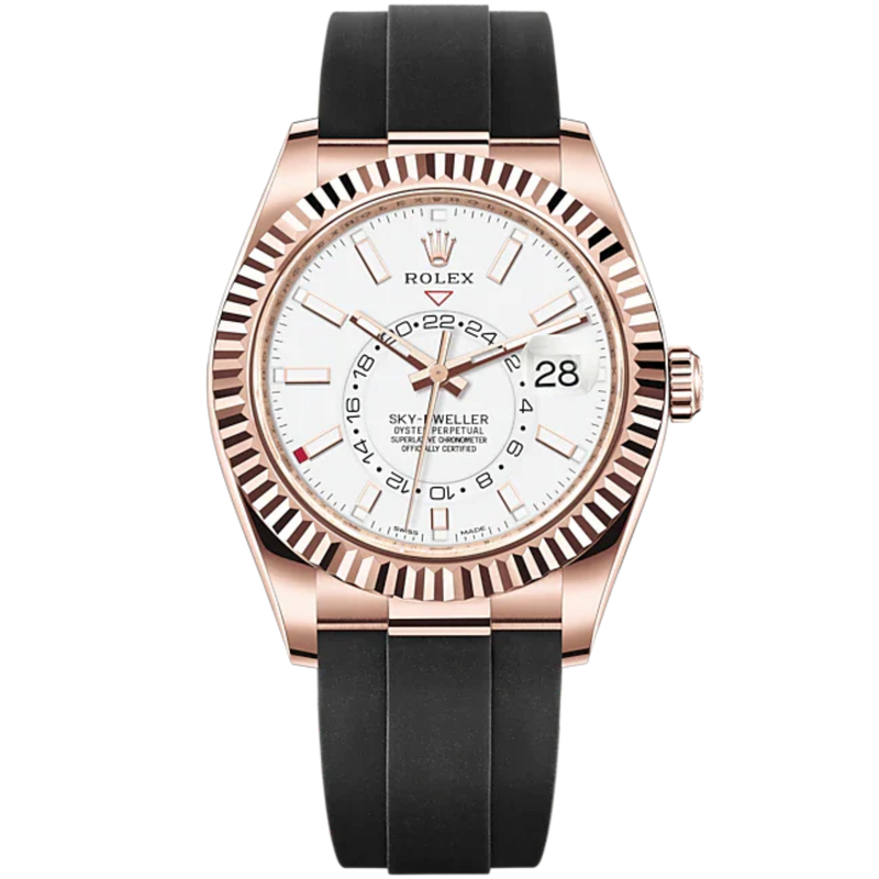 Sky-Dweller 42mm Oysterflex Bracelet and 18 CT Everose Gold with Intense White Dial Fluted Bezel - Rolex
