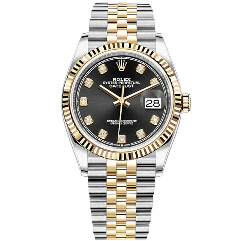 Datejust 36 36mm Oystersteel and Yellow Gold Jubilee Bracelet Bright Black Diamond-set Dial Fluted Bezel - Rolex