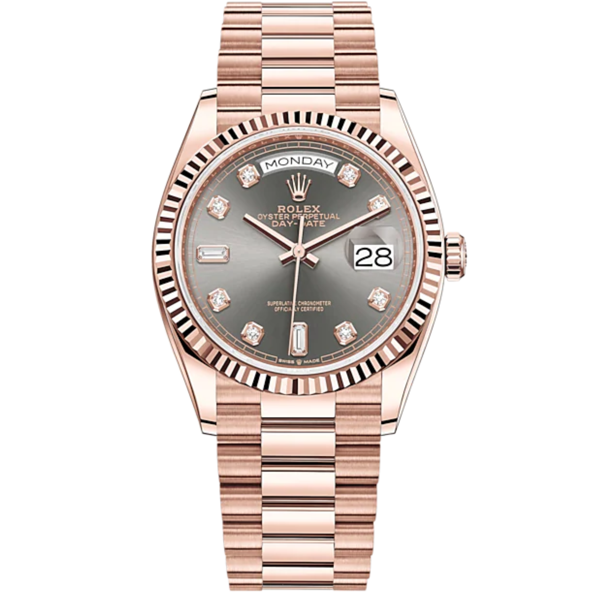 Day-Date 36 36mm President Bracelet and 18 KT Everose Gold with Slate Dial Diamond-Set Dial Fluted Bezel - Rolex