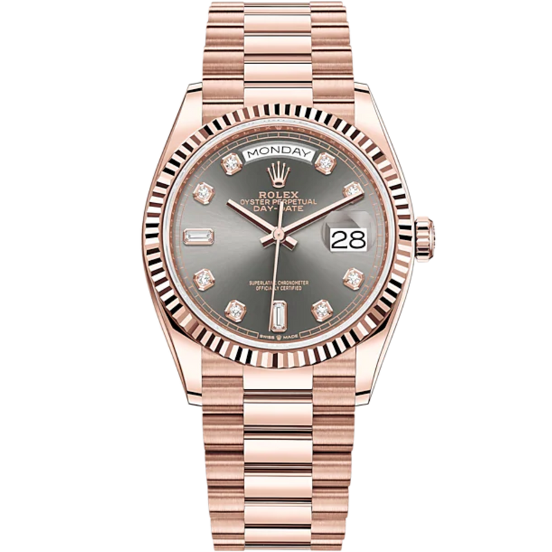 Day-Date 36 36mm President Bracelet and 18 KT Everose Gold with Slate Dial Diamond-Set Dial Fluted Bezel - Rolex