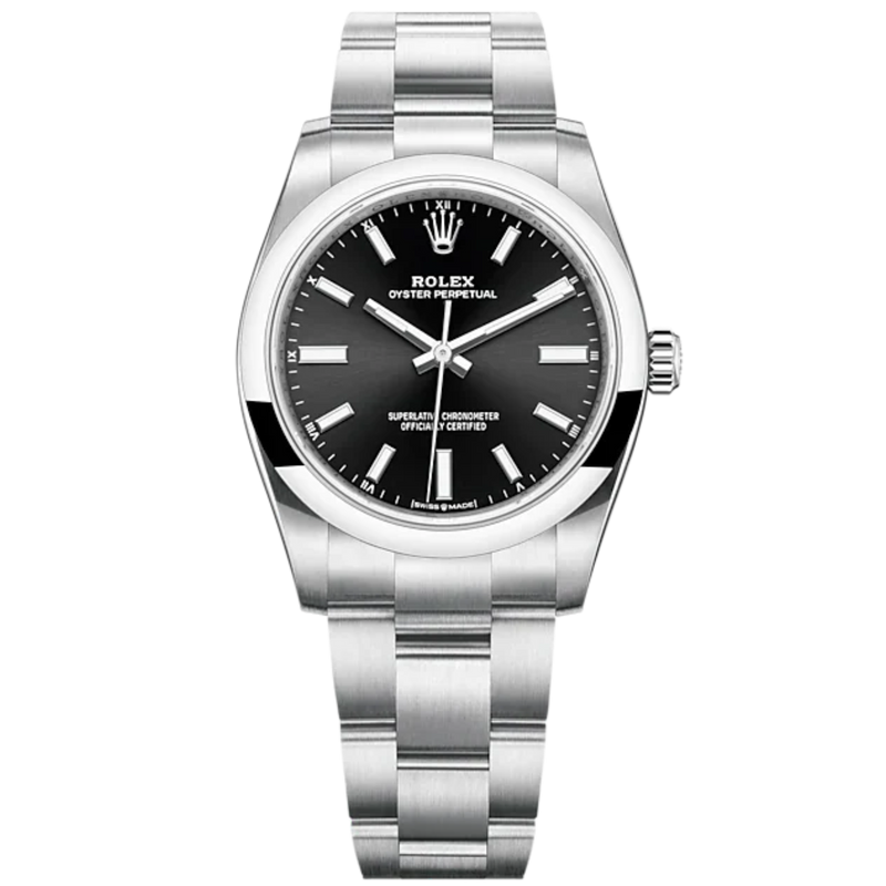 Oyster Perpetual 34 34MM Oyster Bracelet Bright Black Dial Domed Bezel - Rolex