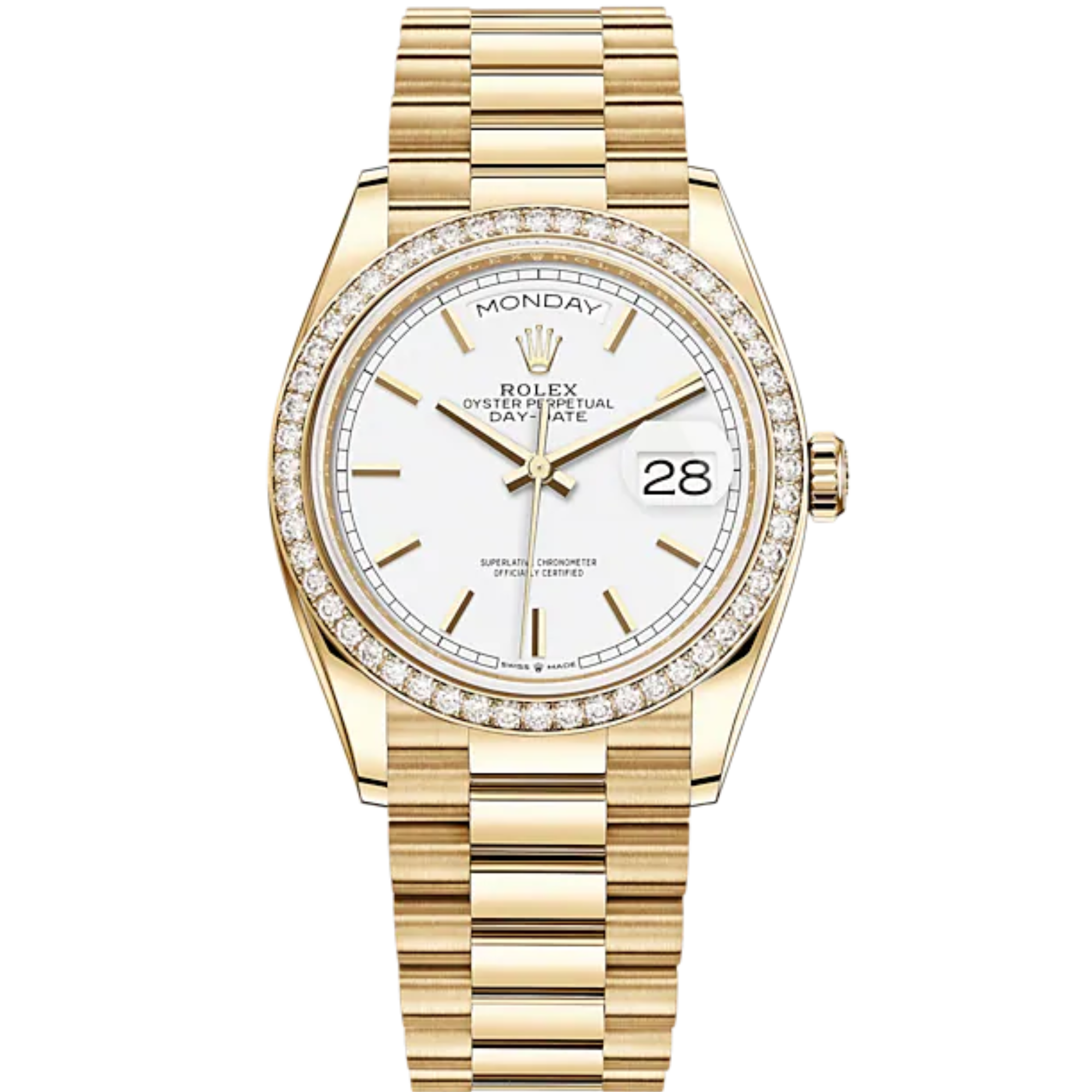 Day-Date 36 36mm President Bracelet and 18 KT Yellow Gold with White Dial Diamond-Set Bezel - Rolex