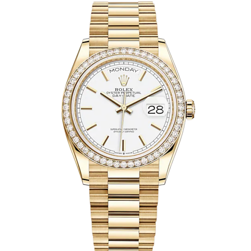Day-Date 36 36mm President Bracelet and 18 KT Yellow Gold with White Dial Diamond-Set Bezel - Rolex