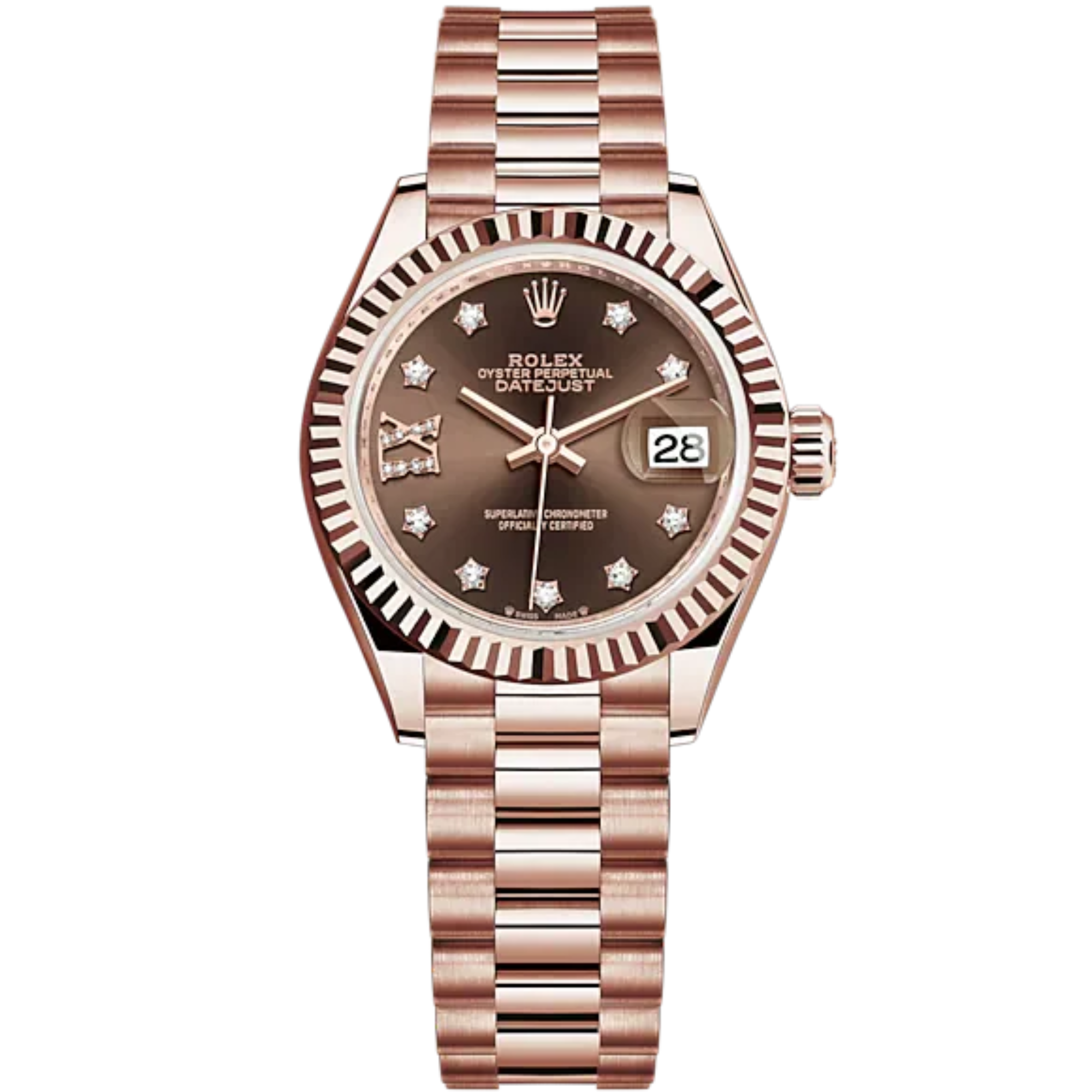 Lady-DateJust 28mm President Bracelet and 18 KT Everose Gold with Chocolate Dial Diamond-Set Dial and Fluted Bezel - Rolex