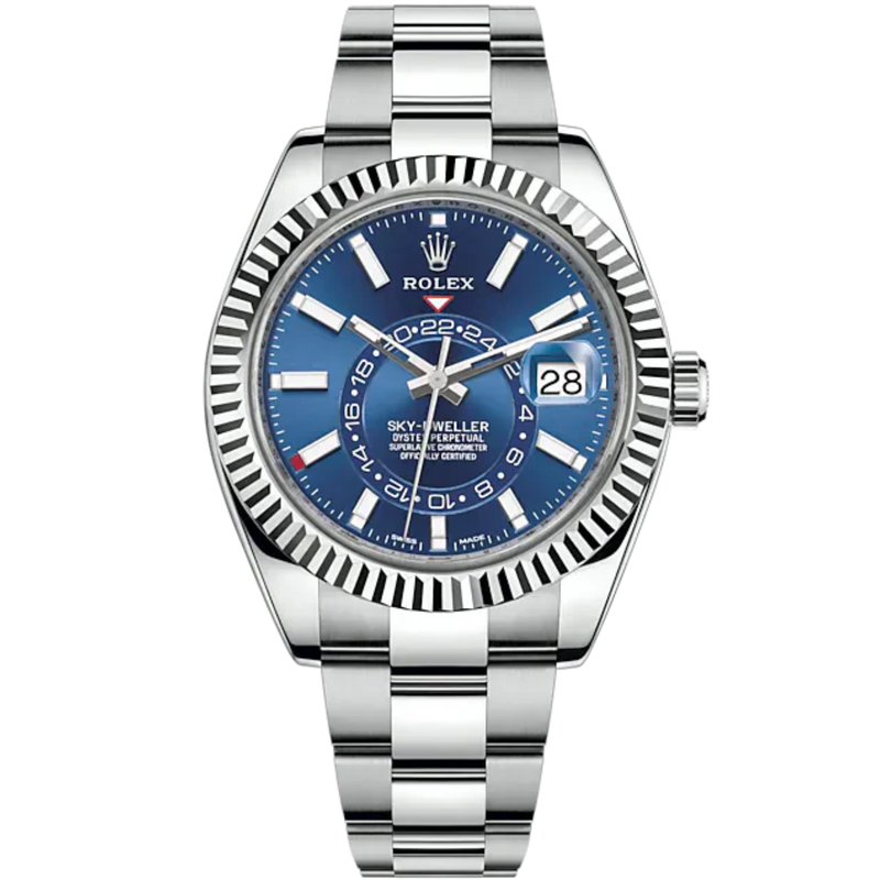 Sky-Dweller 42mm Oyster Bracelet Oystersteel and White Gold with Bright Blue Dial Fluted Bezel - Rolex