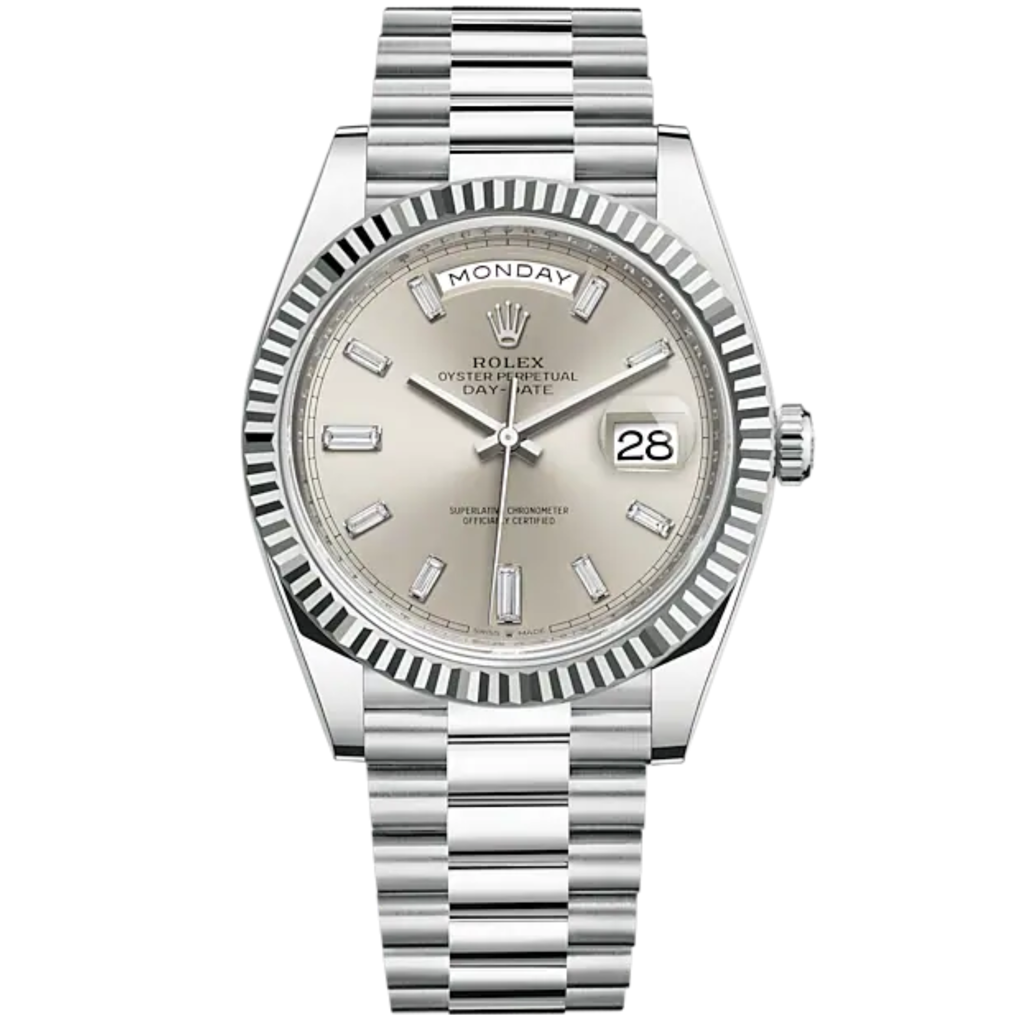Day-Date 40 40mm President Bracelet and 18 KT White Gold with Silver Diamond-Set Dial and Fluted Bezel - Rolex