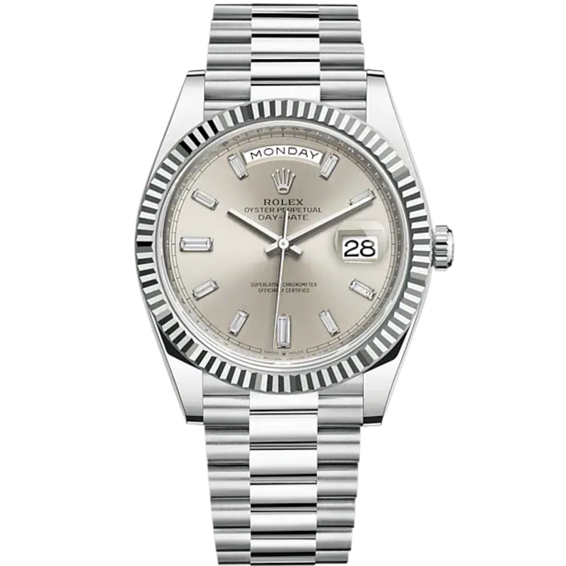 Day-Date 40 40mm President Bracelet and 18 KT White Gold with Silver Diamond-Set Dial and Fluted Bezel - Rolex