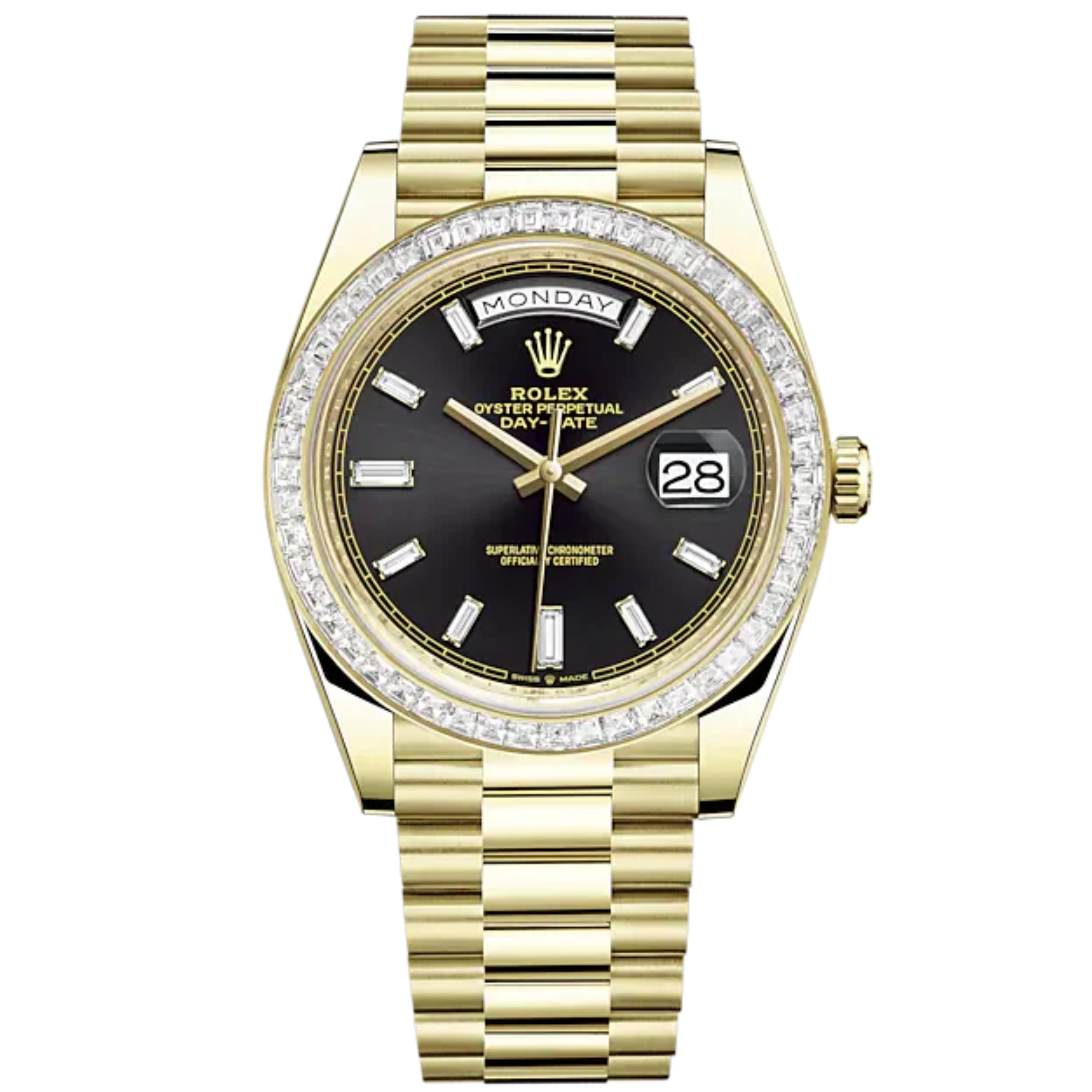Day-Date 40 40mm President Bracelet and 18 KT Yellow Gold with Bright Black Diamond-Set Dial and Diamond-Set Bezel - Rolex