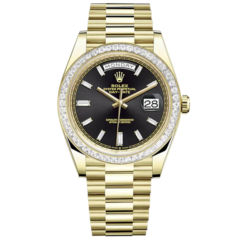 Day-Date 40 40mm President Bracelet and 18 KT Yellow Gold with Bright Black Diamond-Set Dial and Diamond-Set Bezel - Rolex
