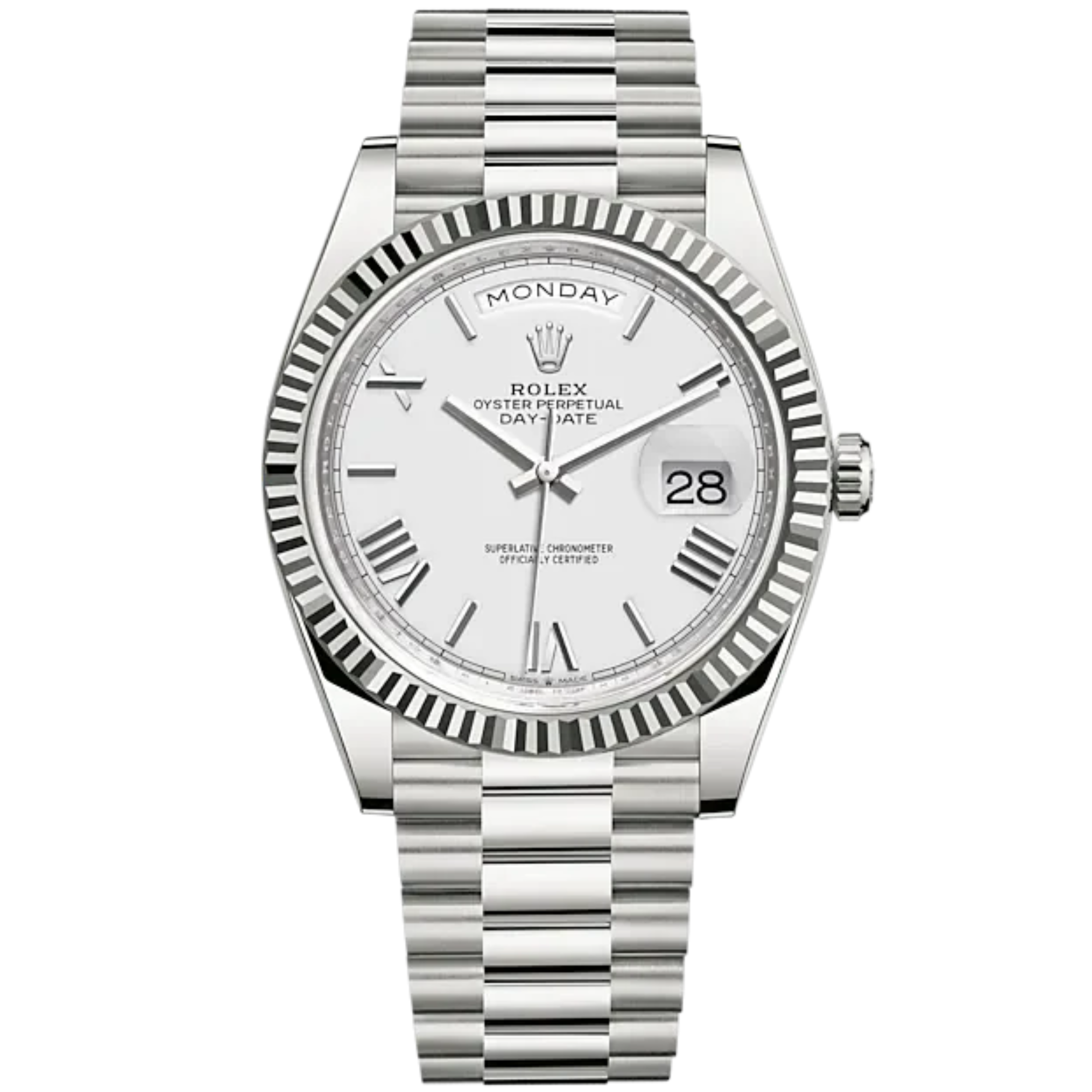 Day-Date 40 40mm President Bracelet and 18 KT White Gold with White Dial and Fluted Bezel - Rolex