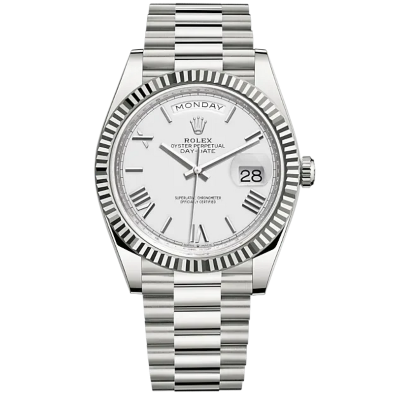 Day-Date 40 40mm President Bracelet and 18 KT White Gold with White Dial and Fluted Bezel - Rolex