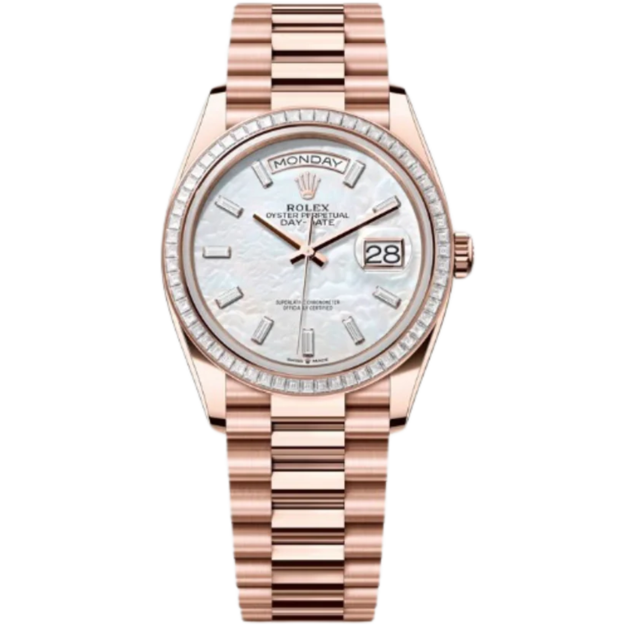 Rolex Day-Date Ref. 128395TBR 36MM Everose Gold Case Mother of Pearl Dial with Baguette Diamonds and Diamond Set Bezel - Rolex