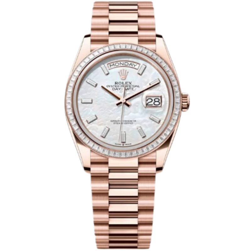 Rolex Day-Date Ref. 128395TBR 36MM Everose Gold Case Mother of Pearl Dial with Baguette Diamonds and Diamond Set Bezel - Rolex