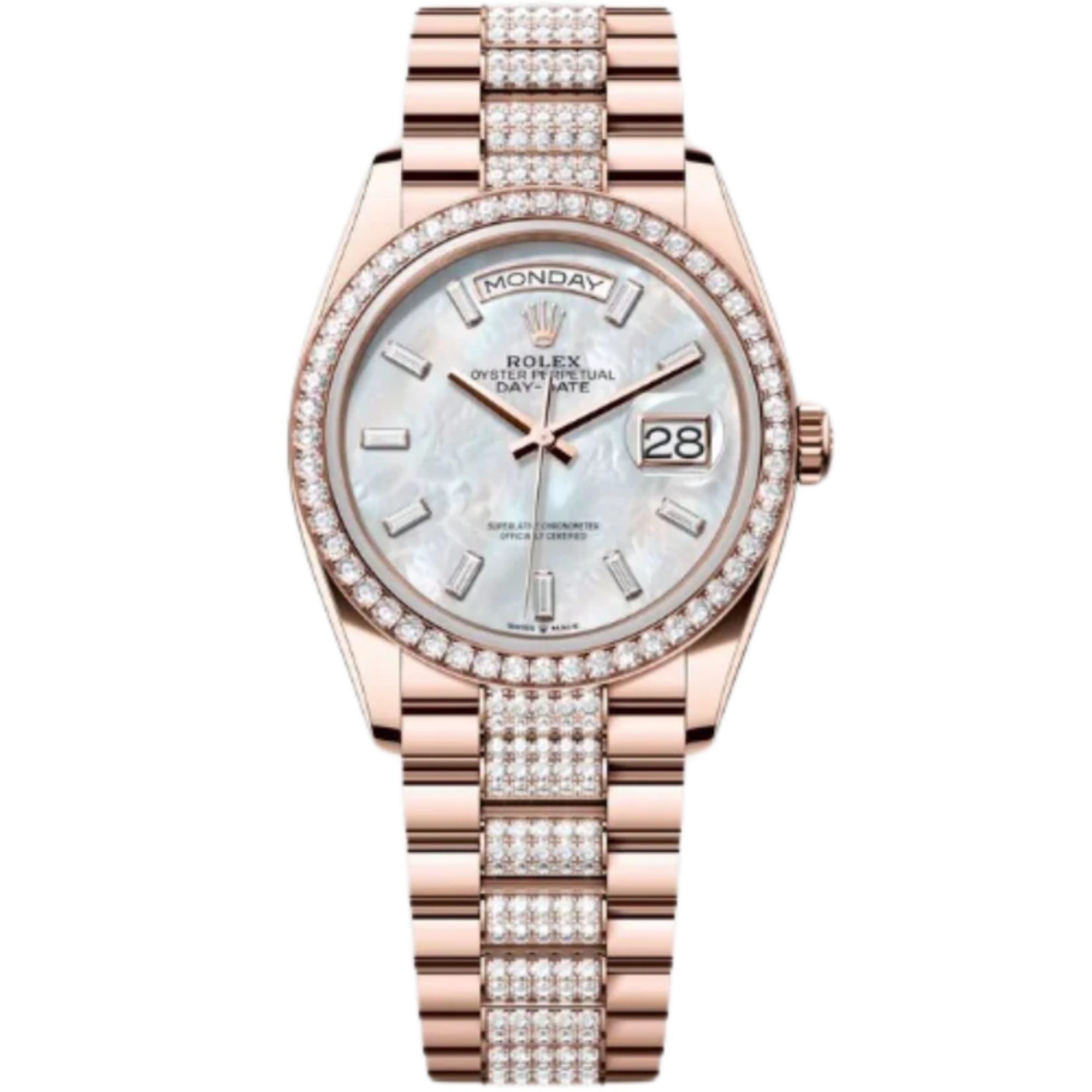 Rolex Day-Date Ref. 128345RBR 36MM Everose Gold Case Mother of Pearl Dial with Diamonds and Diamond Set Bezel and Links - Rolex