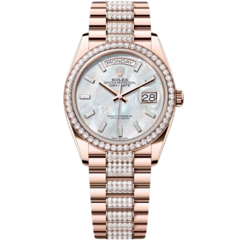 Rolex Day-Date Ref. 128345RBR 36MM Everose Gold Case Mother of Pearl Dial with Diamonds and Diamond Set Bezel and Links - Rolex