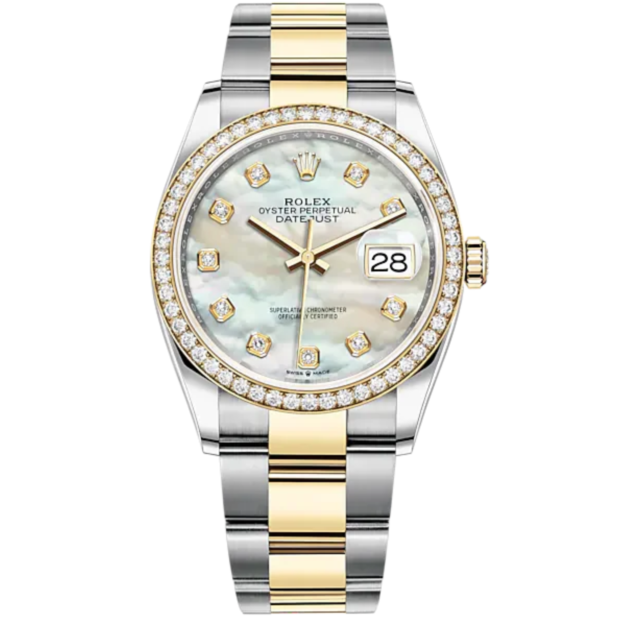 Datejust 36 36mm Oystersteel and Yellow Gold Oyster Bracelet White Mother-of-Pearl Diamond-set Dial Diamond-set Bezel - Rolex