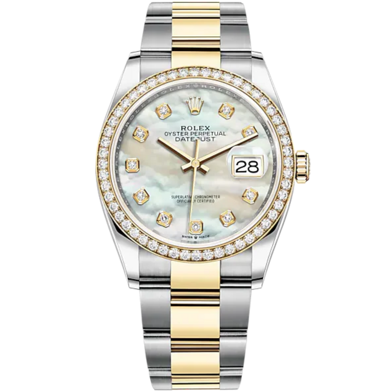 Datejust 36 36mm Oystersteel and Yellow Gold Oyster Bracelet White Mother-of-Pearl Diamond-set Dial Diamond-set Bezel - Rolex