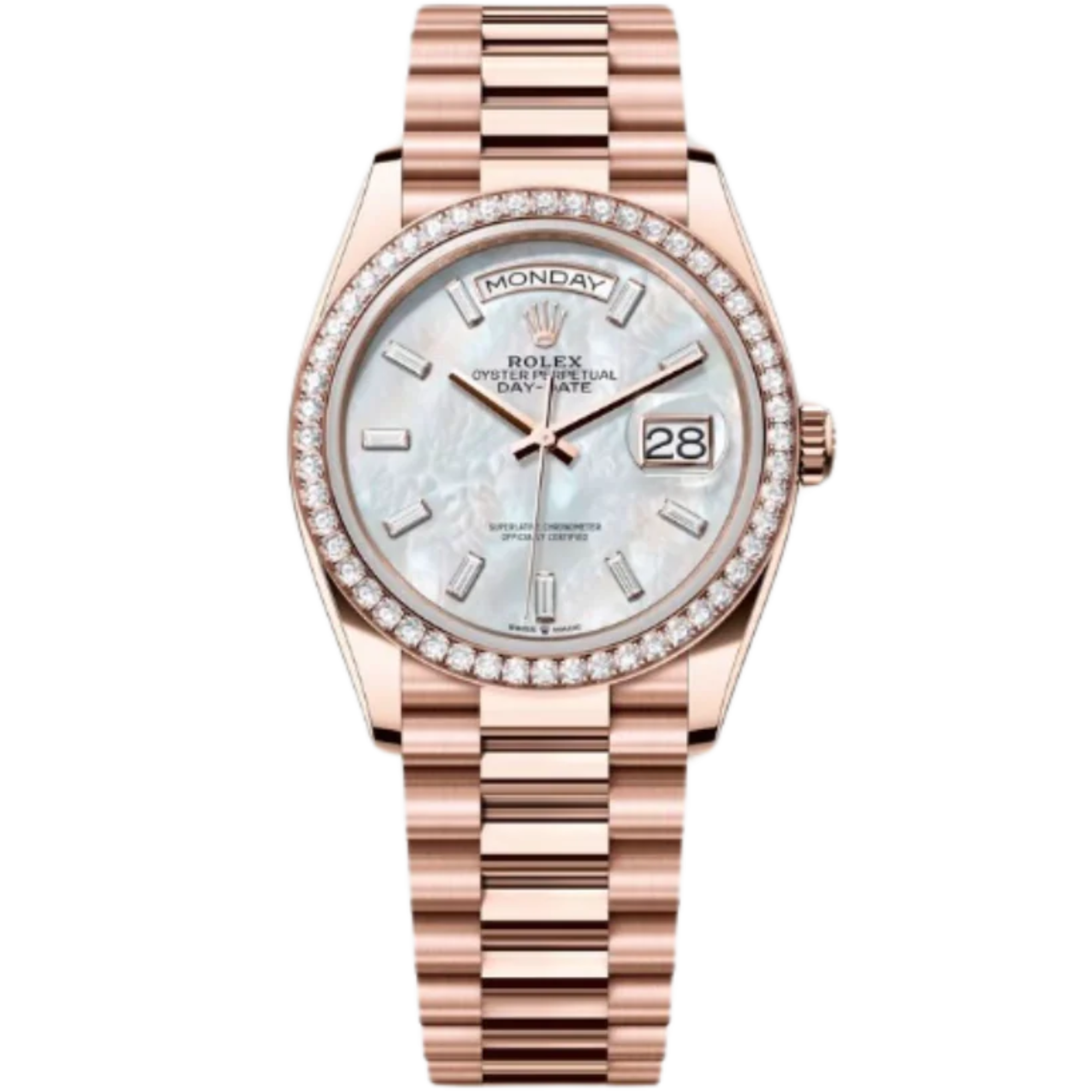 Rolex Day-Date Ref. 128345RBR 36MM Everose Gold Case Mother of Pearl Dial with Baguette Diamonds and Diamond Set Bezel - Rolex