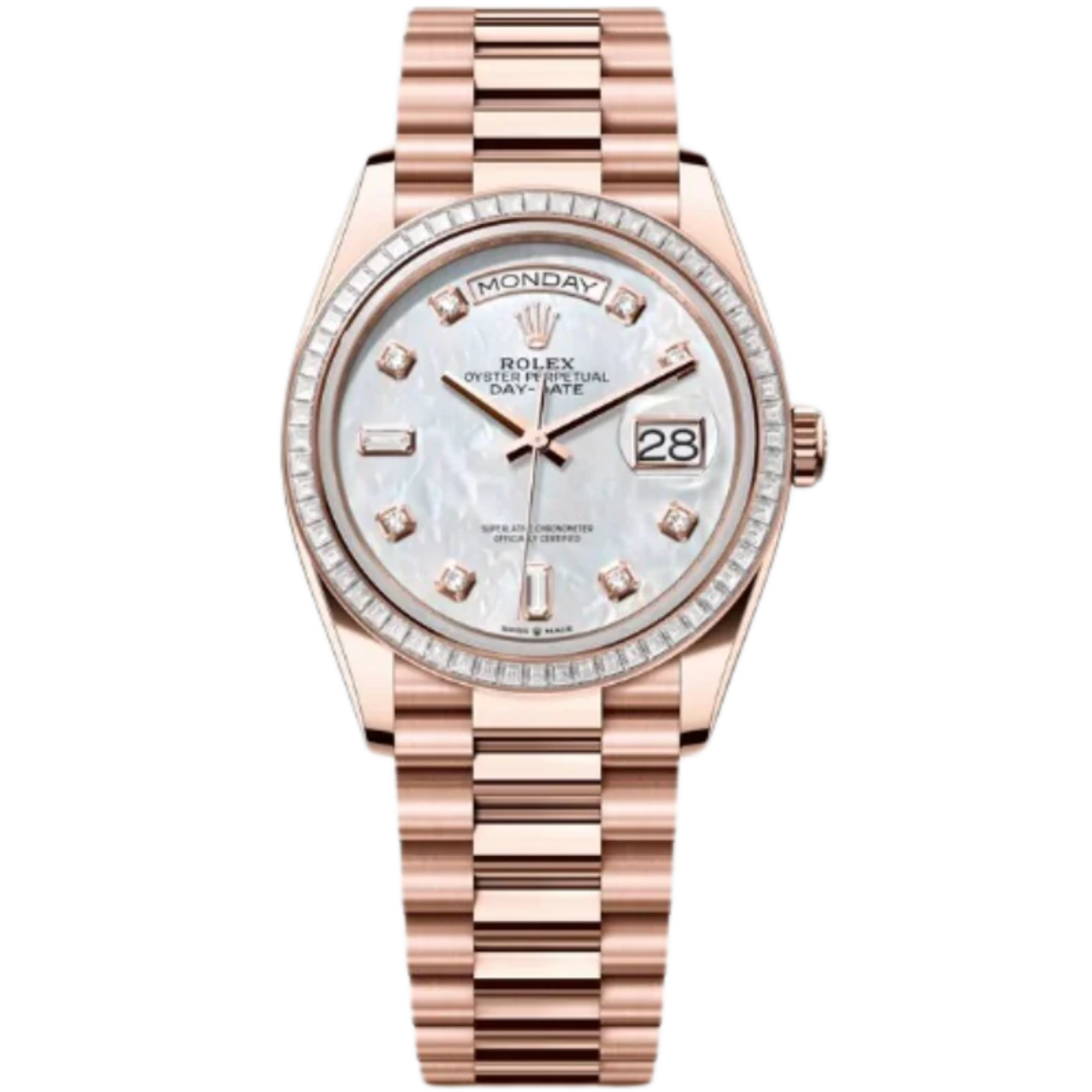 Rolex Day-Date Ref. 128395TBR 36MM Everose Gold Case Mother of Pearl Dial with Diamonds and Diamond Set Bezel - Rolex