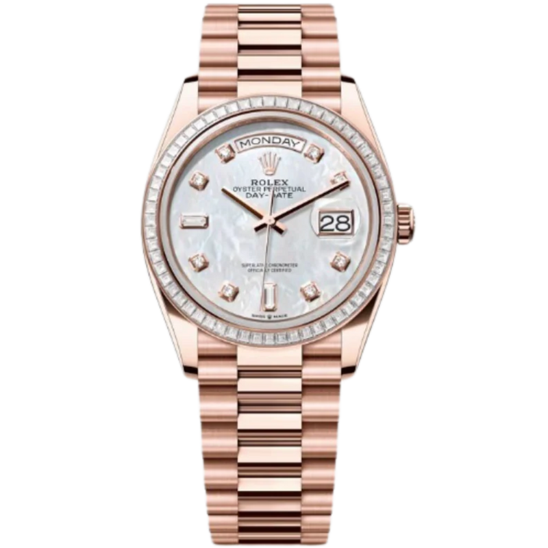 Rolex Day-Date Ref. 128395TBR 36MM Everose Gold Case Mother of Pearl Dial with Diamonds and Diamond Set Bezel - Rolex