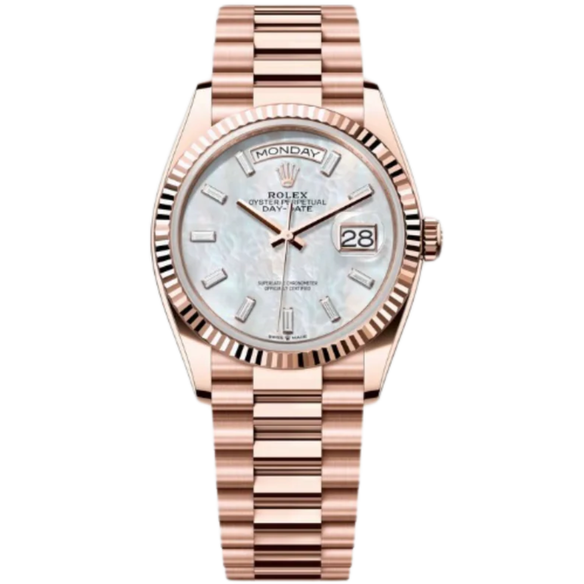 Rolex Day-Date Ref. 128235 36MM Everose Gold Case Mother of Pearl Dial with Baguette Diamonds - Rolex