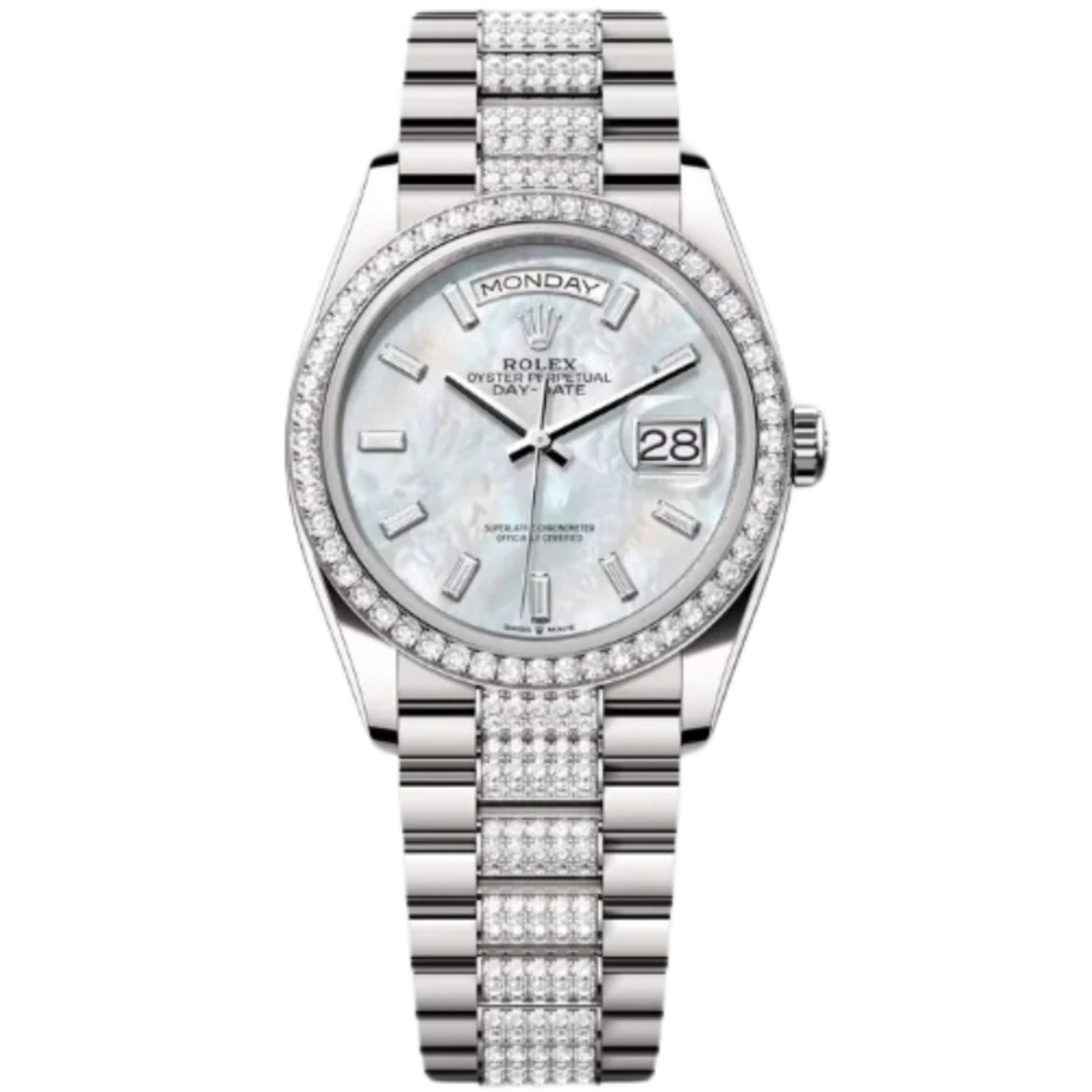 Rolex Day-Date Ref. 128349RBR 36MM White Gold Case Mother of Pearl Dial with Diamonds and Diamond Set Bezel and Links - Rolex