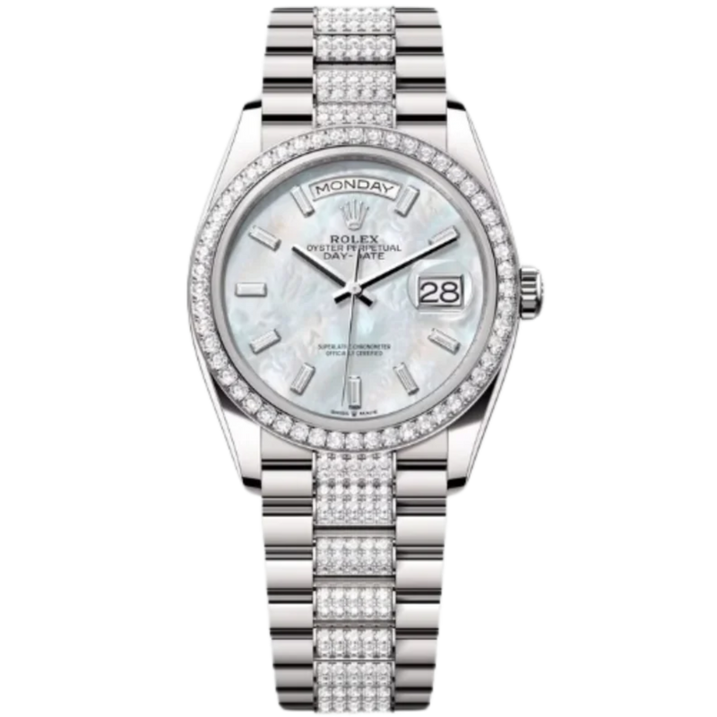 Rolex Day-Date Ref. 128349RBR 36MM White Gold Case Mother of Pearl Dial with Diamonds and Diamond Set Bezel and Links - Rolex