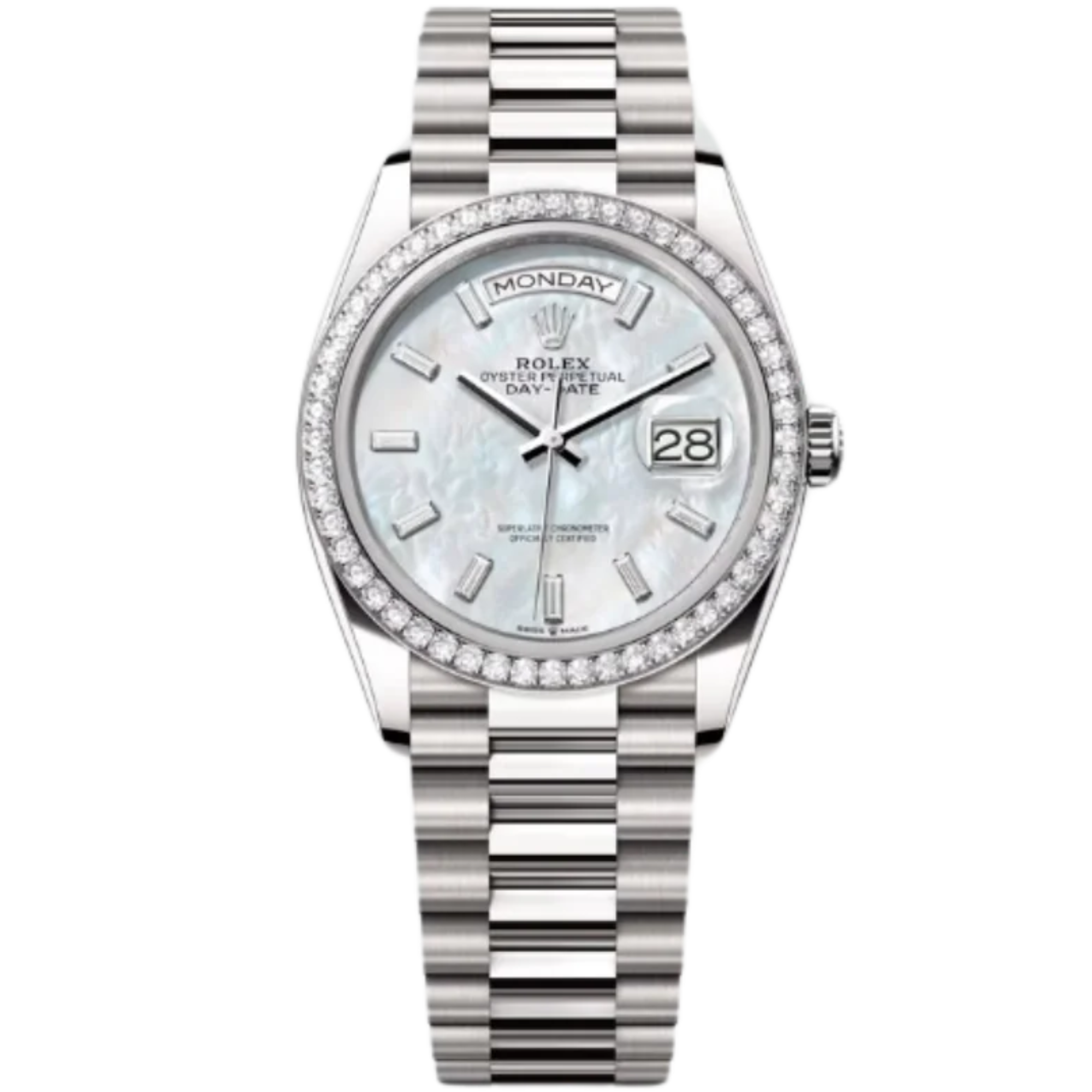 Rolex Day-Date Ref. 128349RBR 36MM White Gold Case Mother of Pearl Dial with Baguette Diamonds and Diamond Set Bezel - Rolex