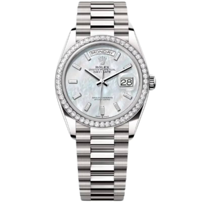 Rolex Day-Date Ref. 128349RBR 36MM White Gold Case Mother of Pearl Dial with Baguette Diamonds and Diamond Set Bezel - Rolex