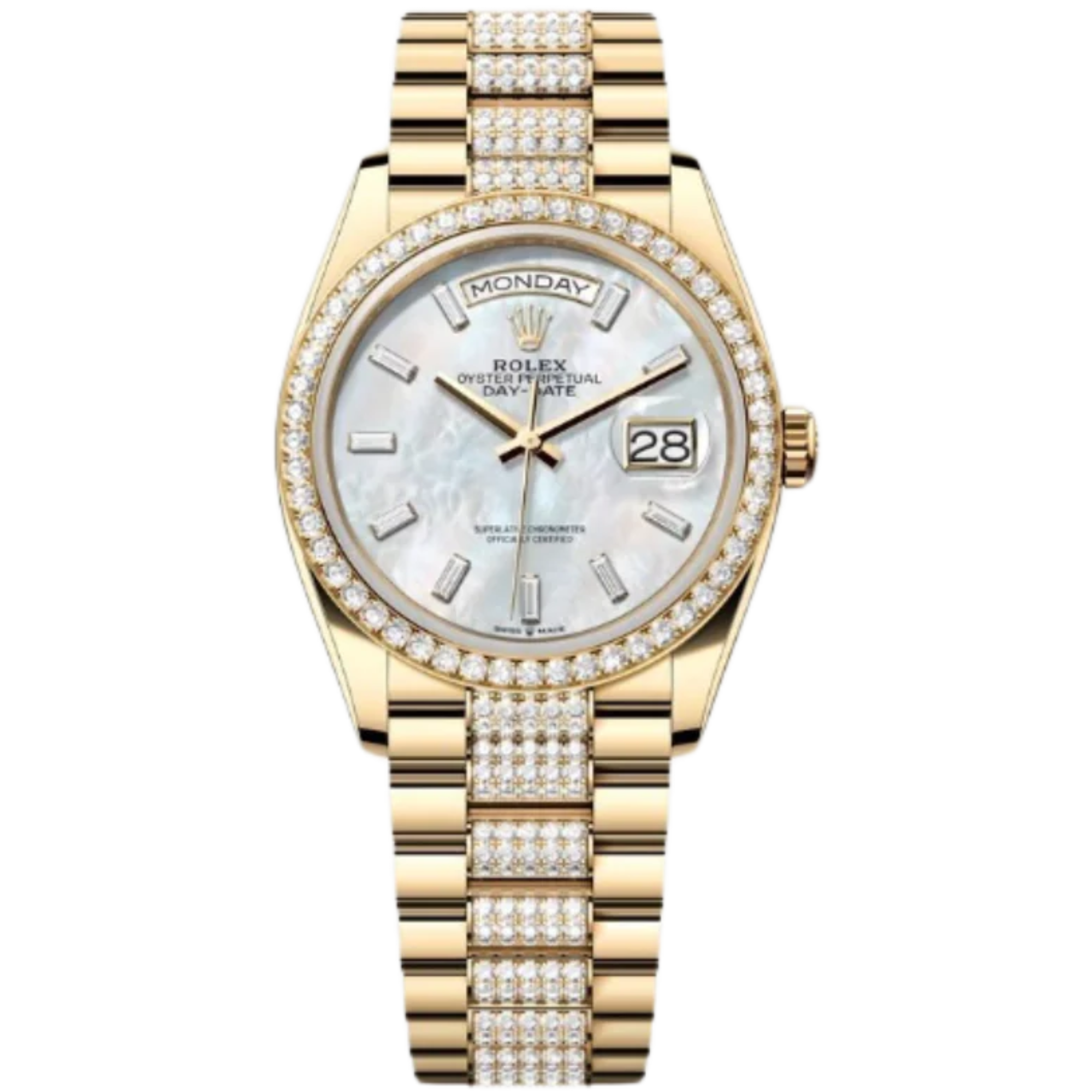 Rolex Day-Date Ref. 128348RBR 36MM Yellow Gold Case Mother of Pearl Dial with Diamonds and Diamond Set Bezel and Links - Rolex