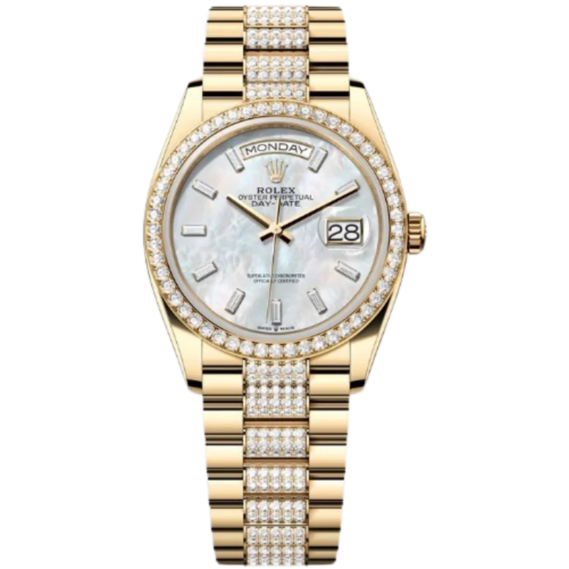 Rolex Day-Date Ref. 128348RBR 36MM Yellow Gold Case Mother of Pearl Dial with Diamonds and Diamond Set Bezel and Links - Rolex